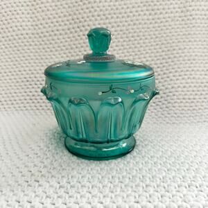 Fenton Art Glass Aquamarine Green Floral Design Lidded Candy Dish Marked Rare